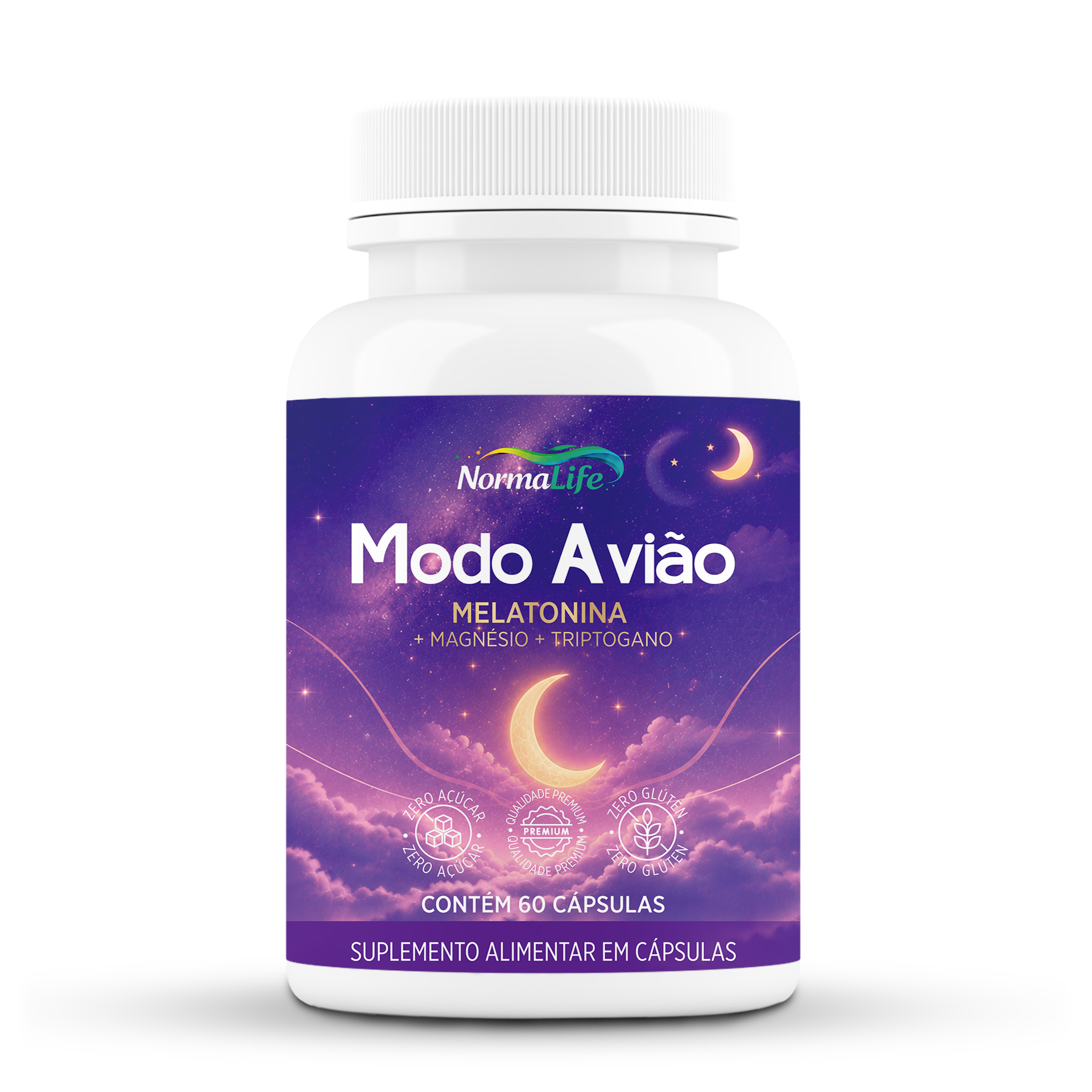 MODO AVIÃO – Melatonina + Magnésio + Triptofano | 60 Cápsulas